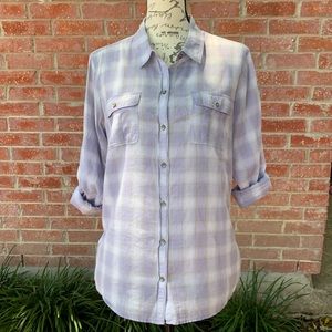 Eddie Bauer Plaid Button Down Top Roll Tab Sleeve Purple size large